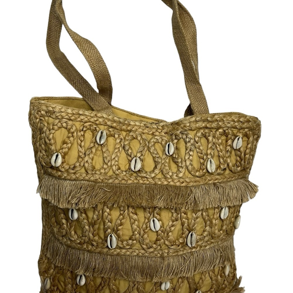 Salt + Umber Isla Jute Seashell Beach Straw Tote Bag‎ With Fringe